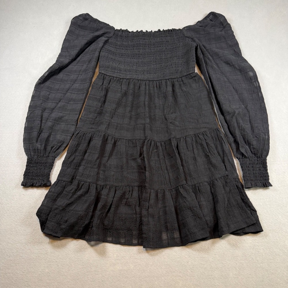 Lucky Brand Black Smocked Tiered Mini Dress Long Sleeve Square Neck Small
